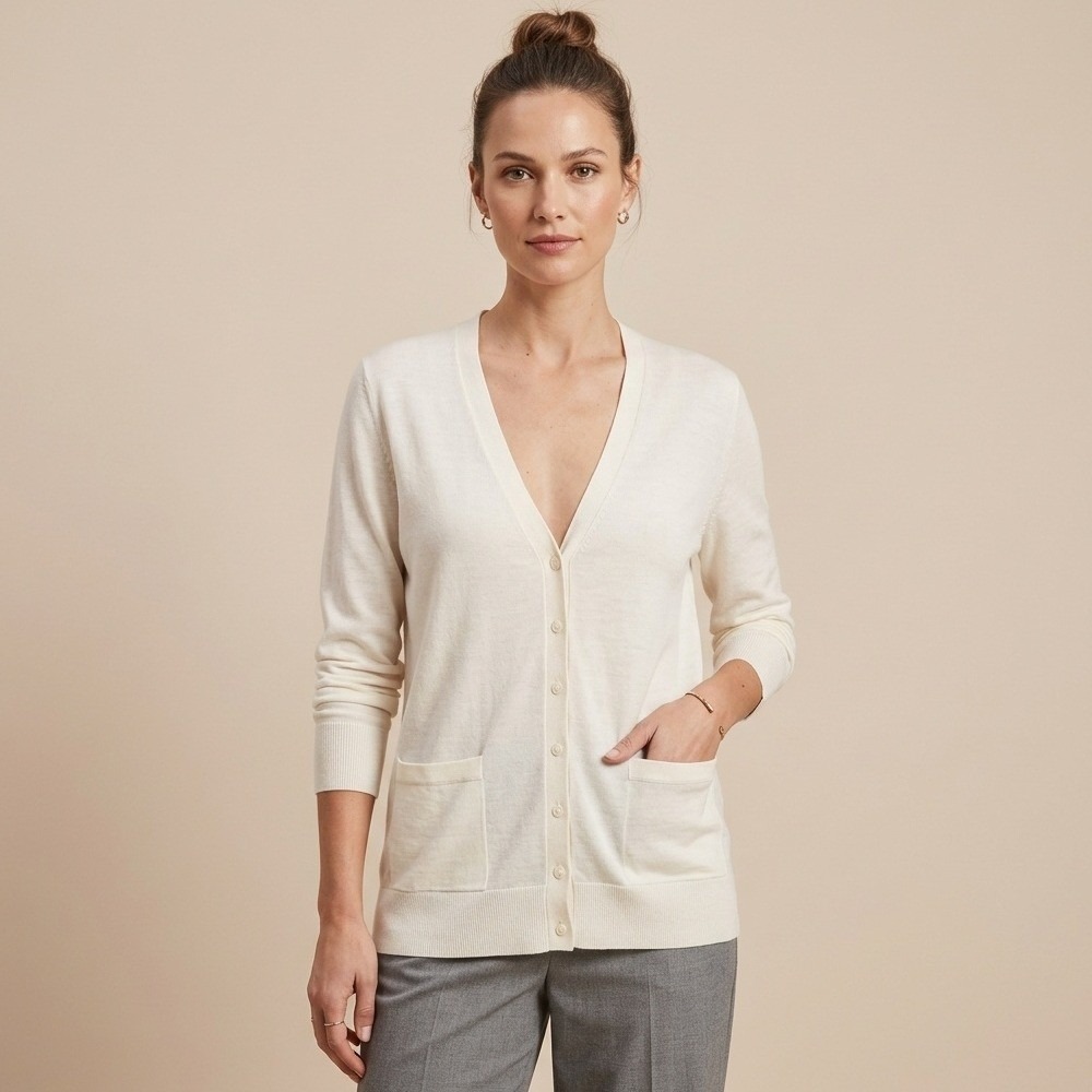 Banana Republic Cardigan Womens Large Ivory Merino Wool V-Neck Button Pockets